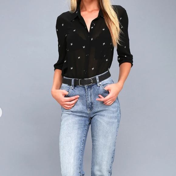 Lulu's Black Button Down Shirt with White Star Accents - Picture 2 of 8